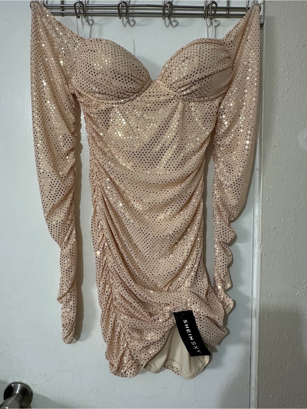 SHEIN Nude Sequin Off-Shoulder Long Sleeve Ruched Mini Dress